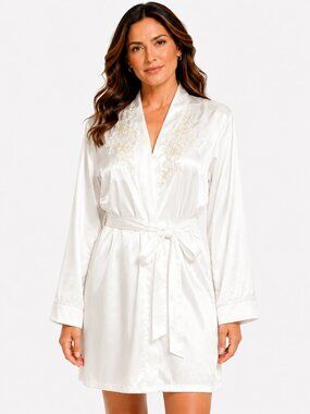 NEW Linea Donatella Ivory Satin Bridal Robe Floral Lace Appliqué L/XL